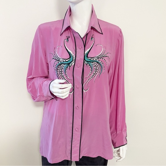 Bob Mackie Tops - Bob Mackie Wearable Art Pink Button Down Silk Shirt with Peacock Design